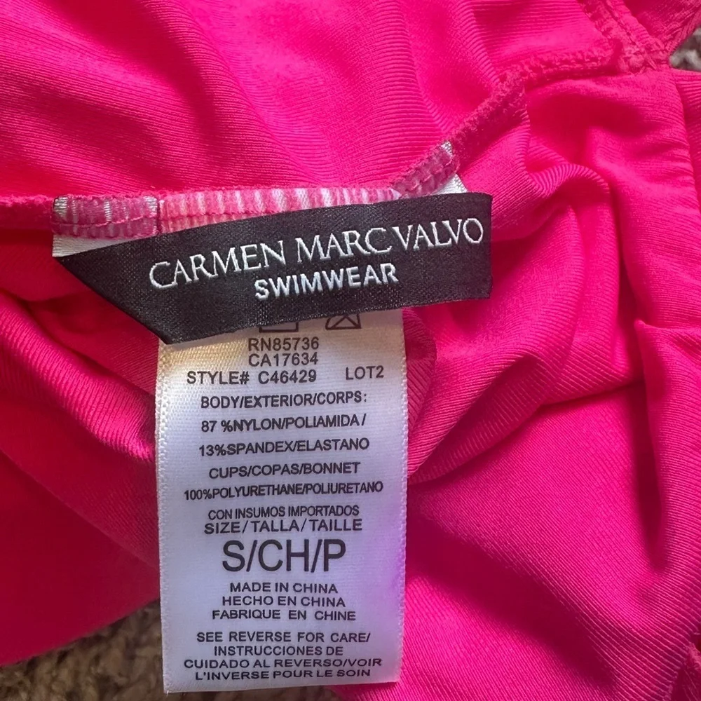 Carmen Marc Valvo Fuchsia Ruched Plunge Tankini Swim Top Size Small